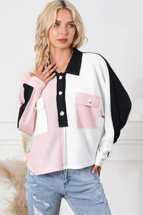 'Thalia' Black & Pink Colorblock Blouse - Celes Fashion